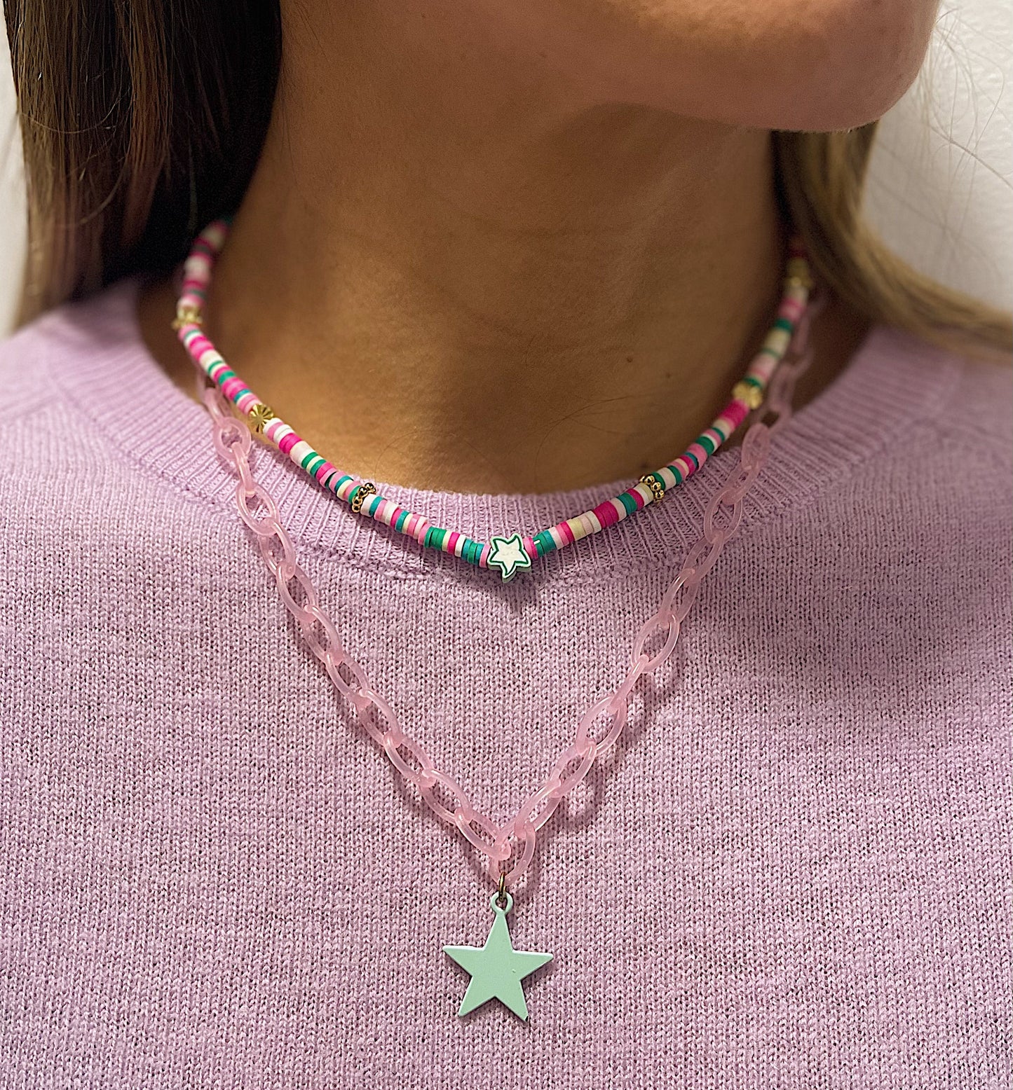 Cadena Doble Morada y Colores con Estrella Verde Menta