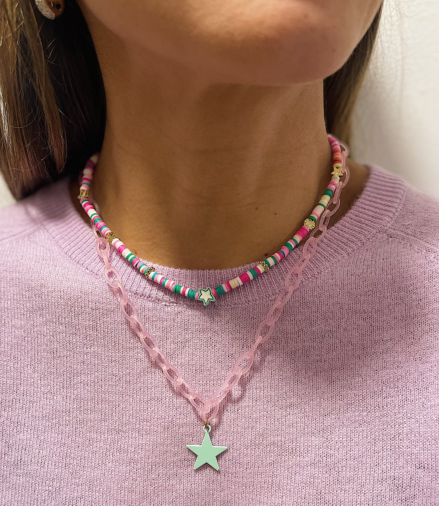 Cadena Doble Morada y Colores con Estrella Verde Menta