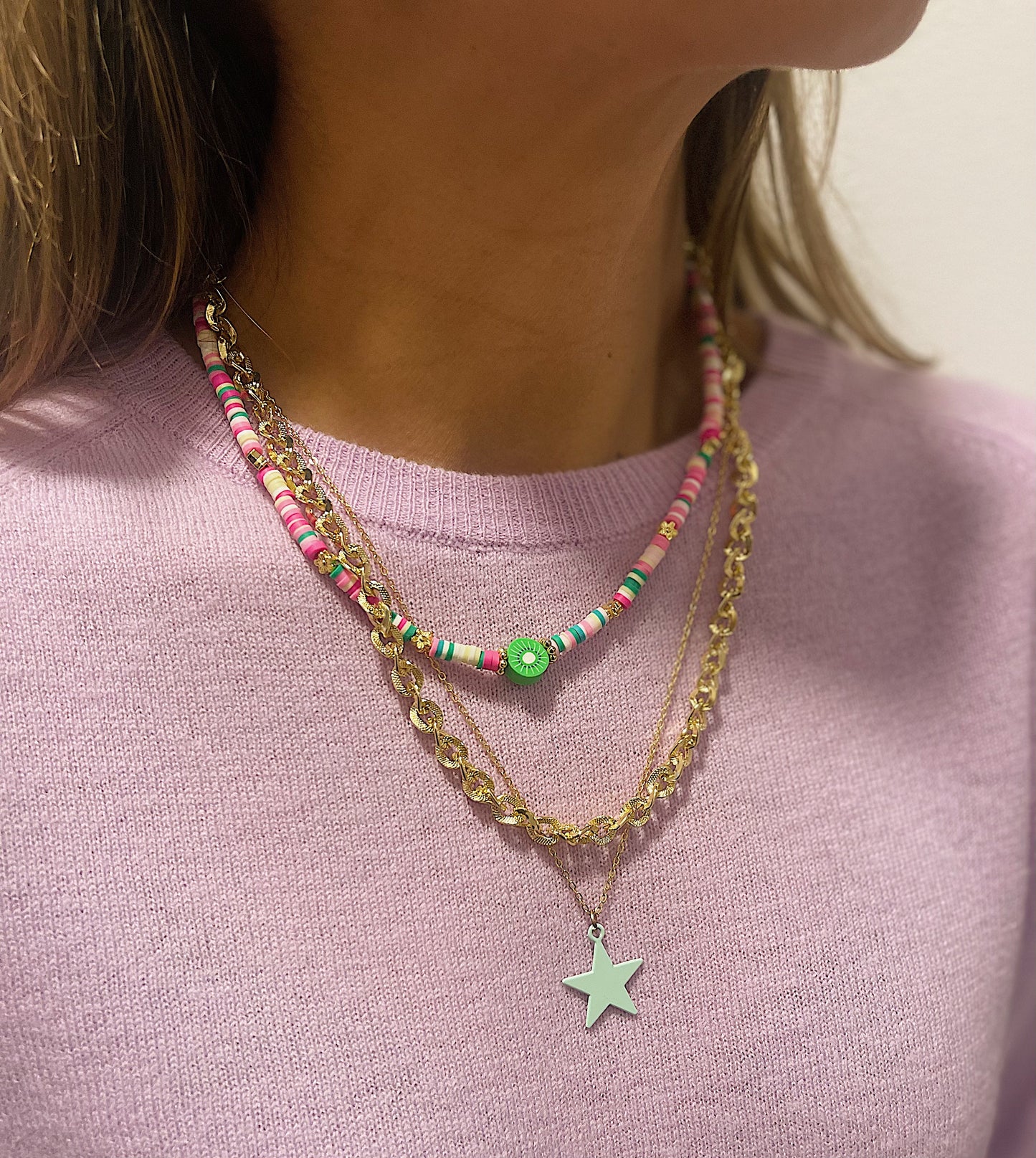 Cadena Triple dorada-colores y Estrella Verde menta