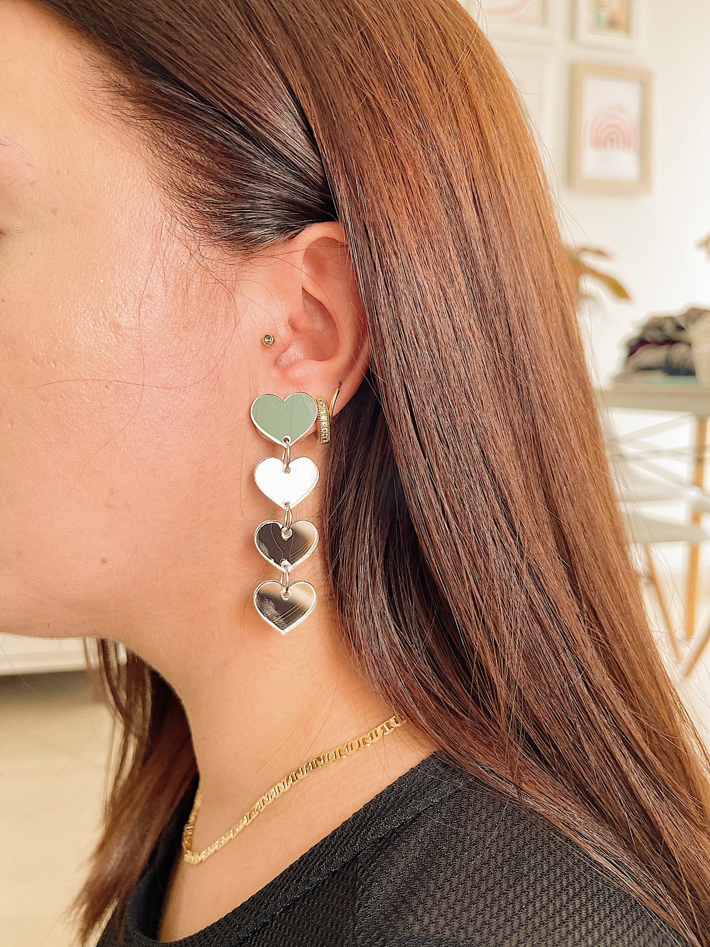 Aretes de 4 Corazónes - Espejo Largos - Acrilico