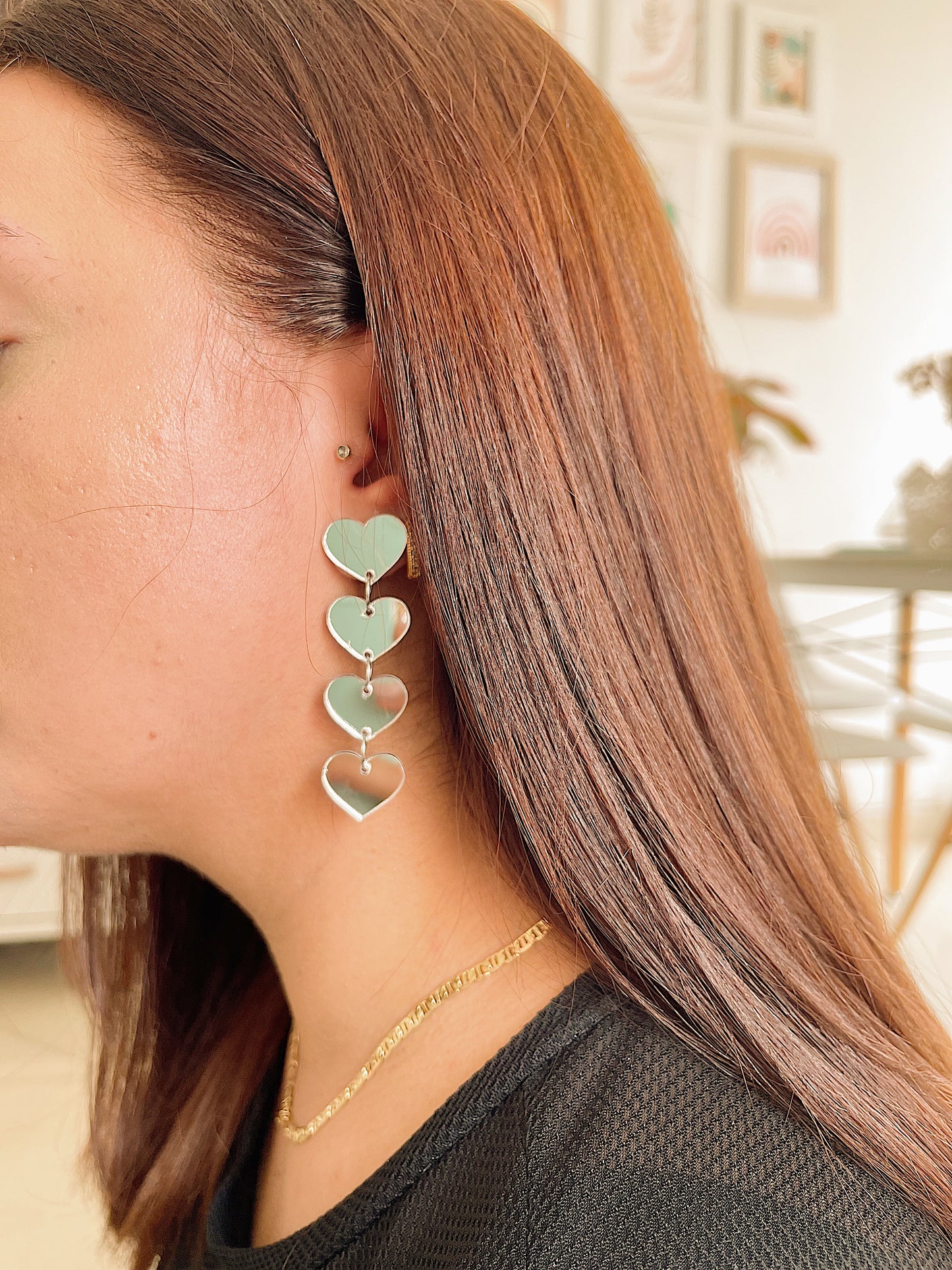 Aretes de 4 Corazónes - Espejo Largos - Acrilico