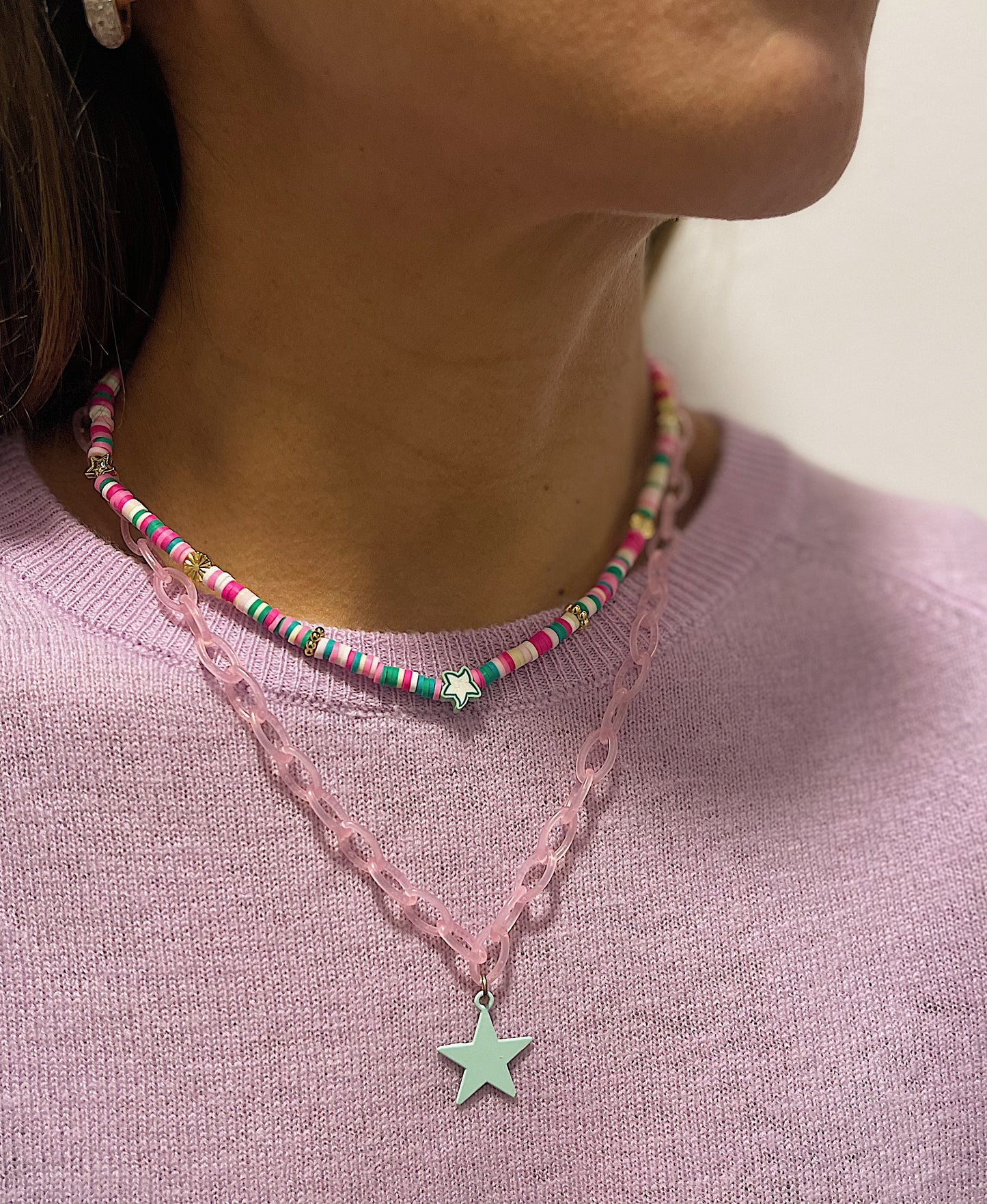 Cadena Doble Morada y Colores con Estrella Verde Menta