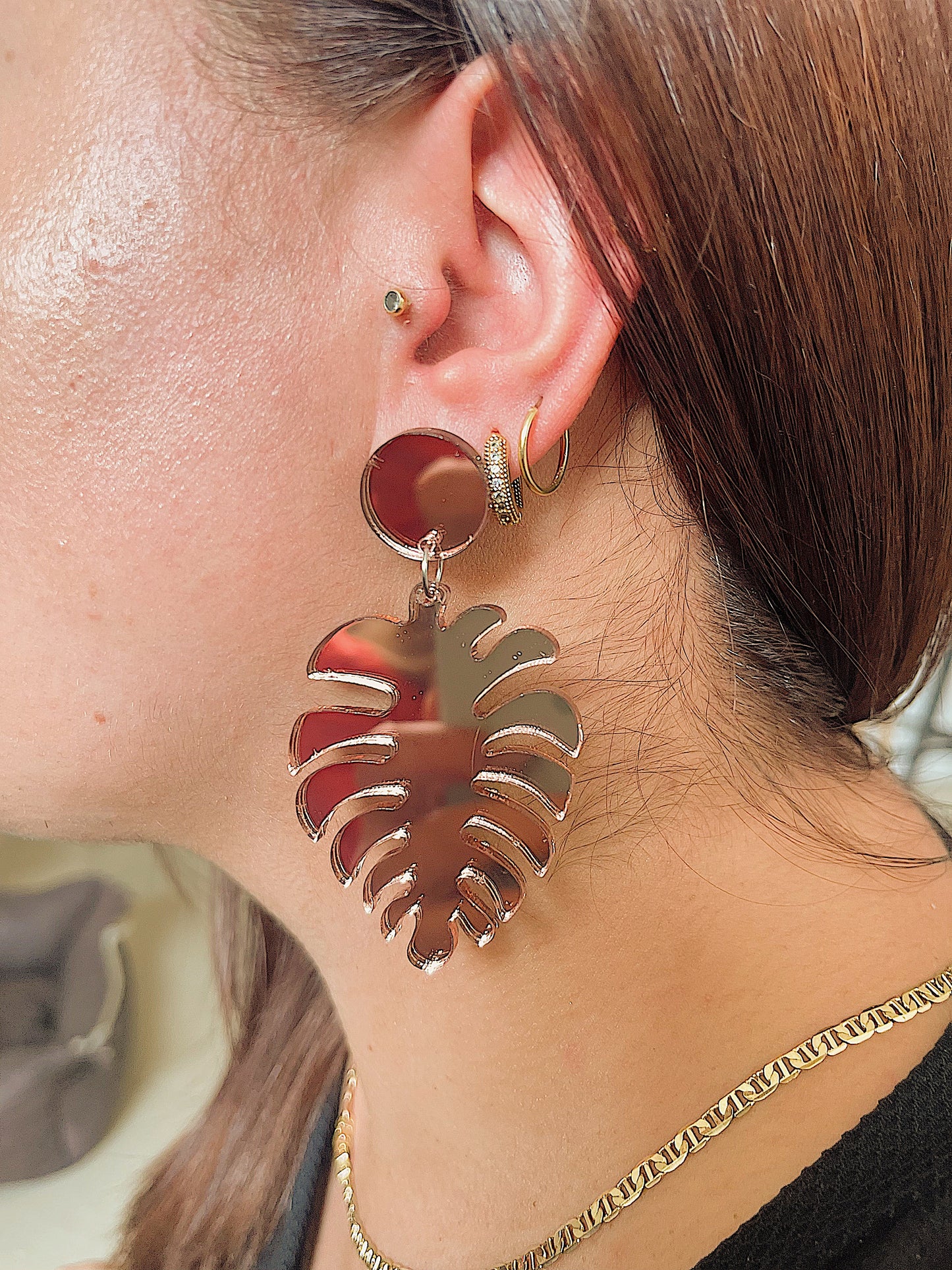 Aretes de Hojas - Oro Rosa - Espejo Largos
