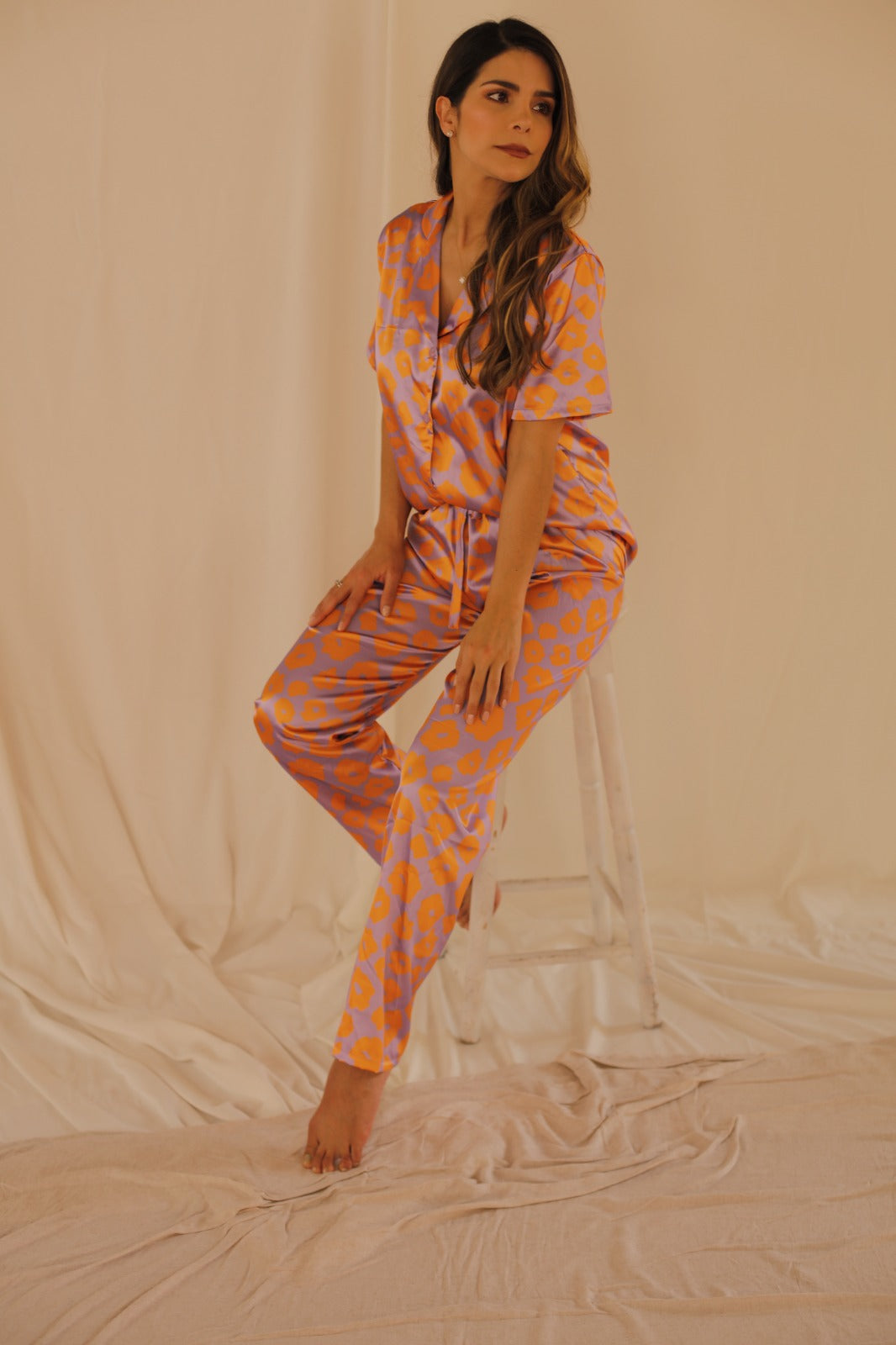 Pijama Animal Print Manga Corta - Morado Naranja