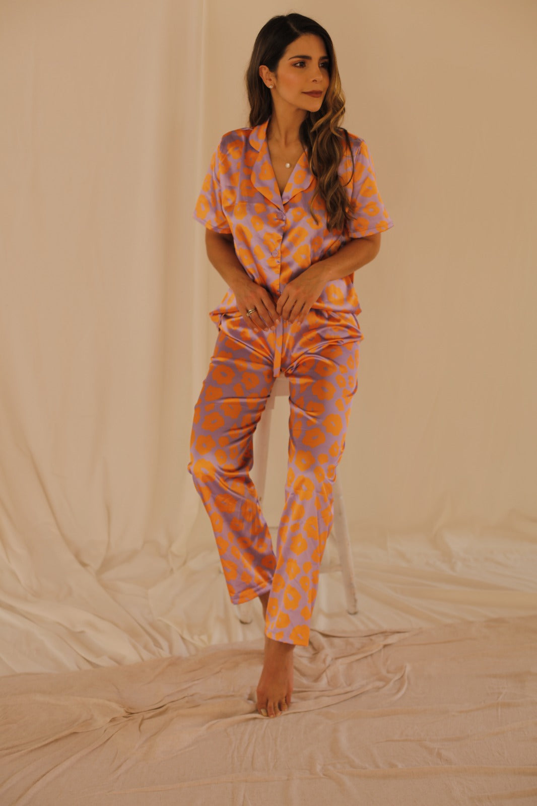 Pijama Animal Print Manga Corta - Morado Naranja