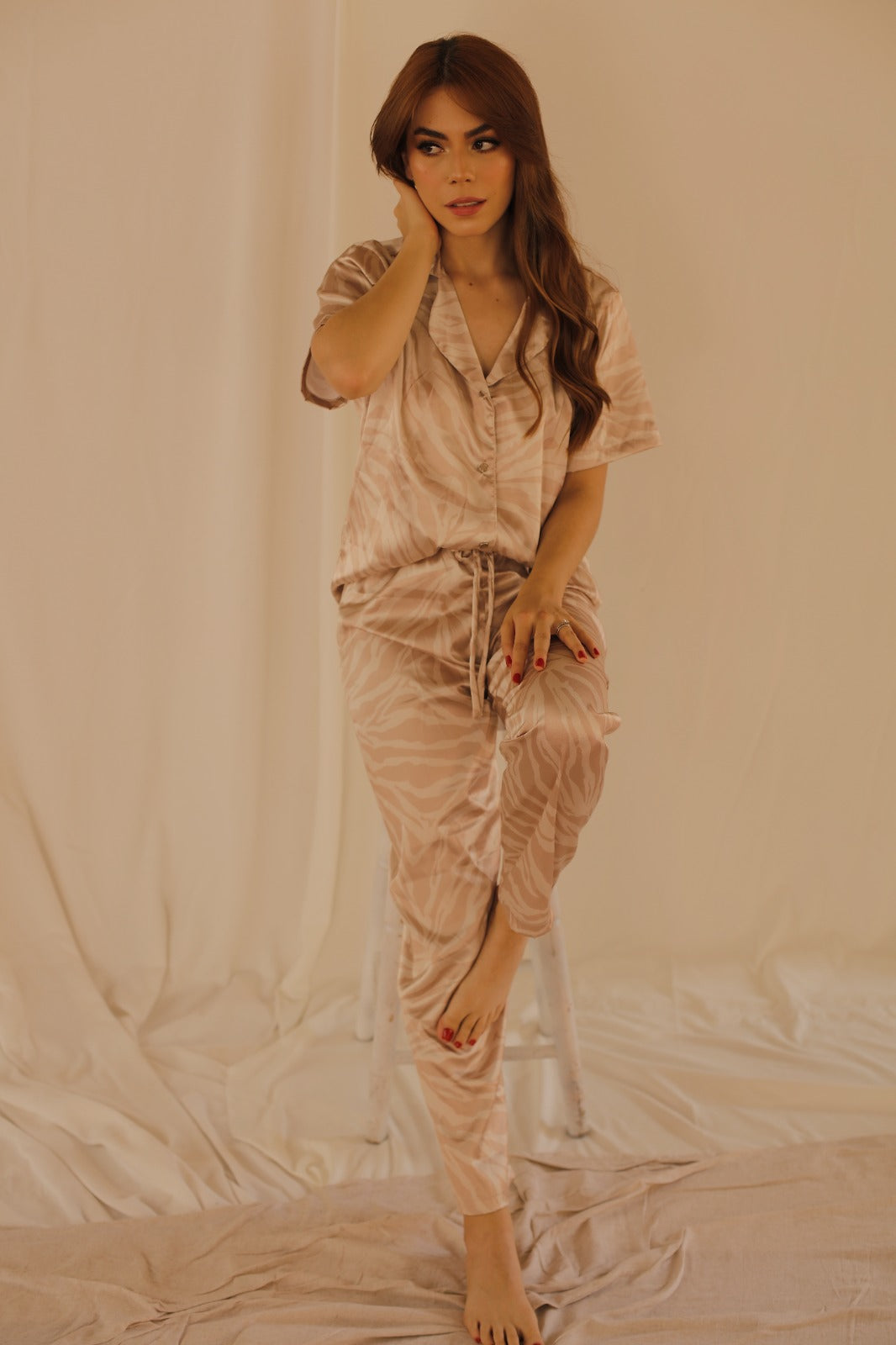 Pijama Animal Print Manga Corta - Beige