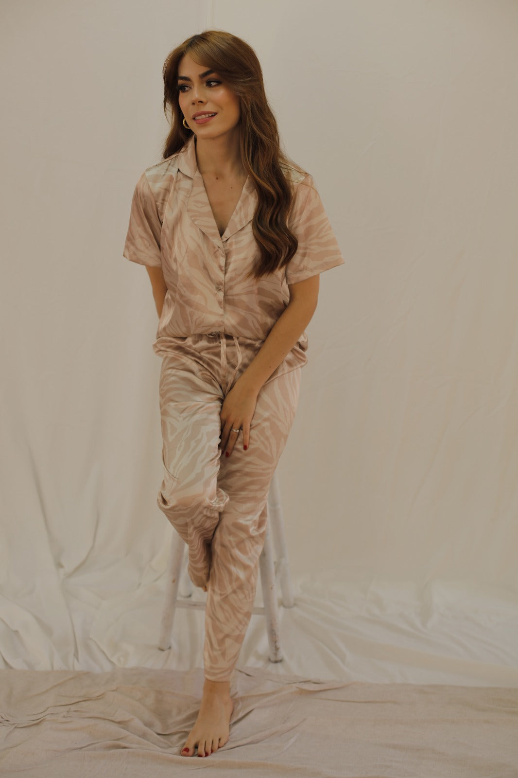 Pijama Animal Print Manga Corta - Beige