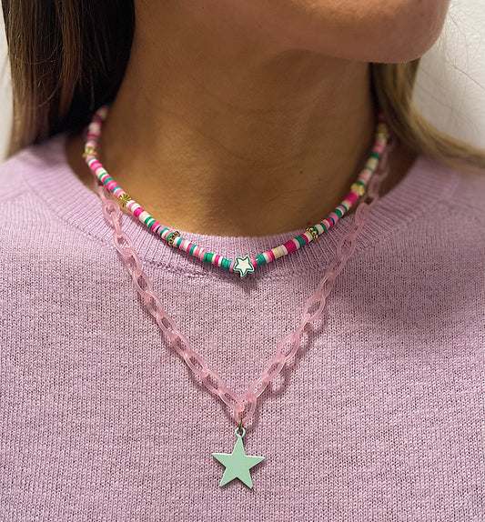 Cadena Doble  Morada y Colores con Estrella Verde Menta