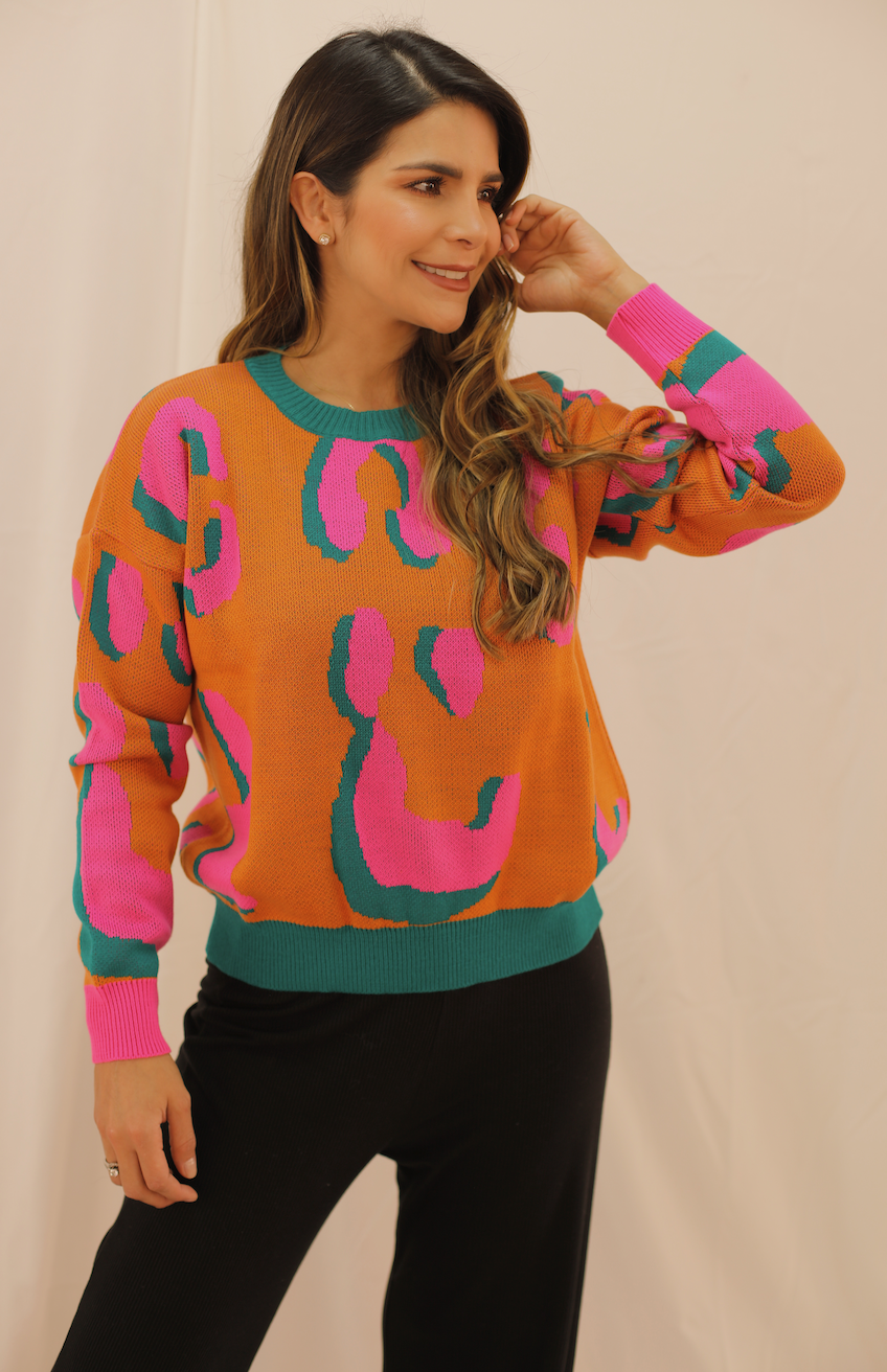 Saco Tejido Naranja - Figuras Rosa