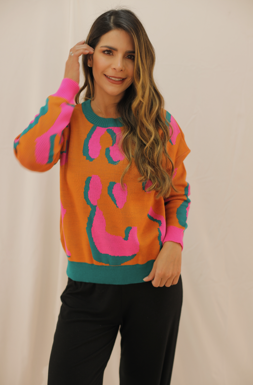 Saco Tejido Naranja - Figuras Rosa
