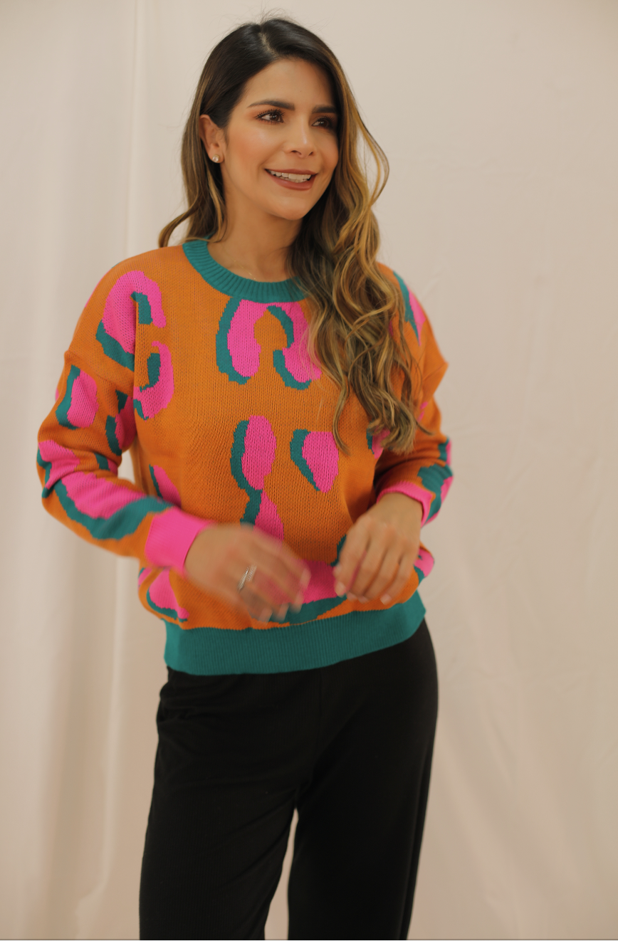 Saco Tejido Naranja - Figuras Rosa