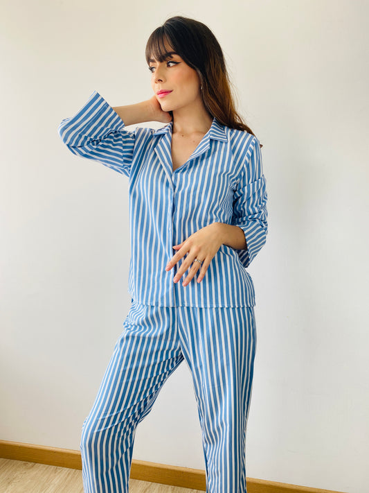 Pijama Rayas Azul - Camisa Manga Larga - Pantalón Largo - Botones