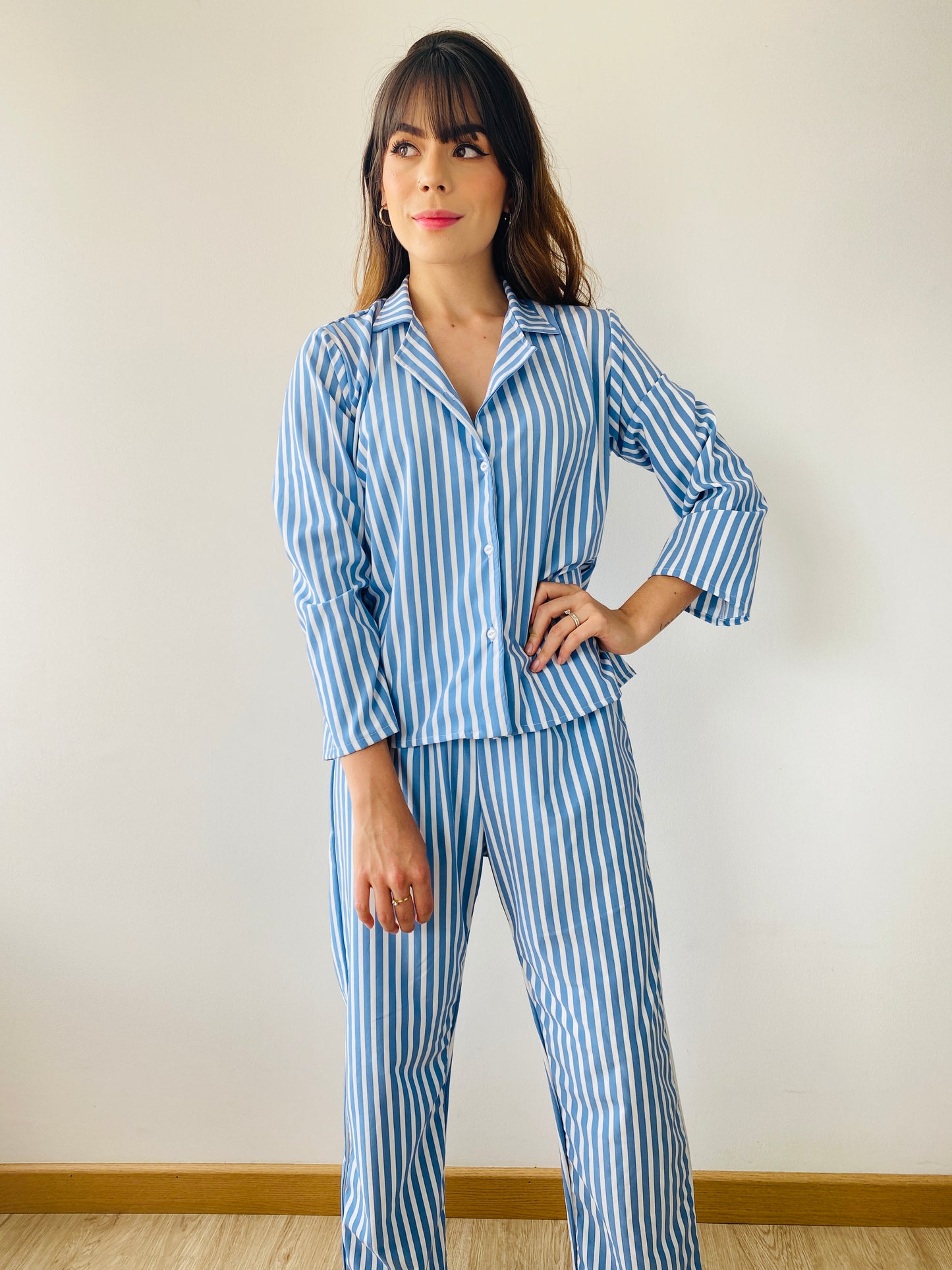 Pijama Rayas Azul - Camisa Manga Larga - Pantalón Largo - Botones