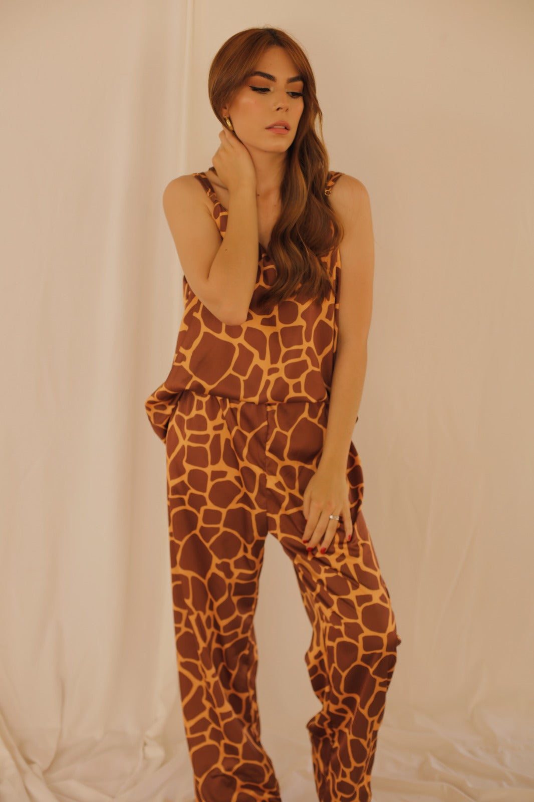Pijama Animal Print en satin - Tiras Ajustables - Pantalon Largo Cafe