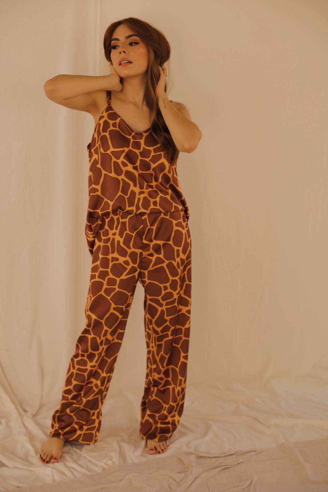 Pijama Animal Print en satin - Tiras Ajustables - Pantalon Largo Cafe