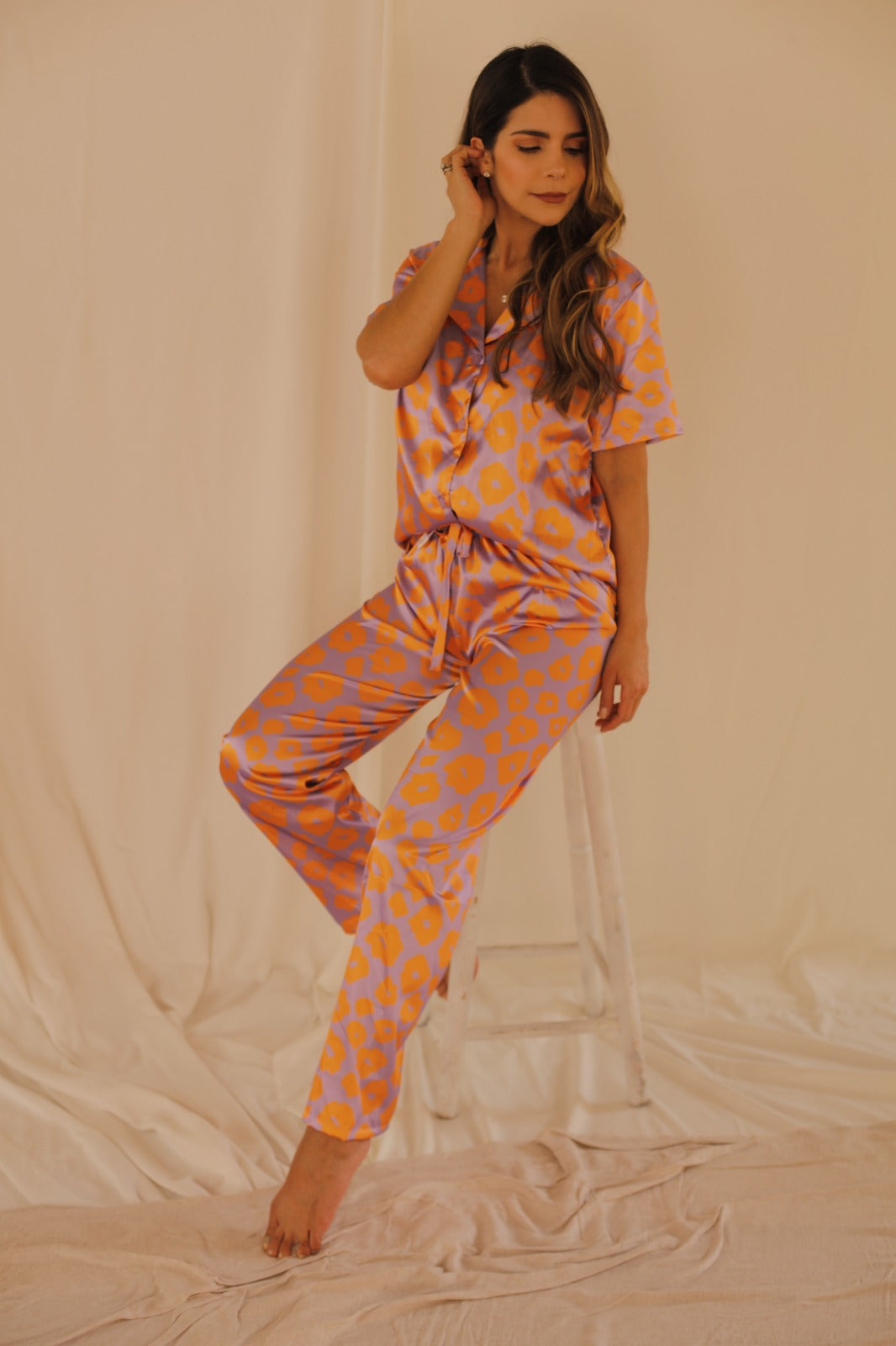 Pijama Animal Print Manga Corta - Morado Naranja