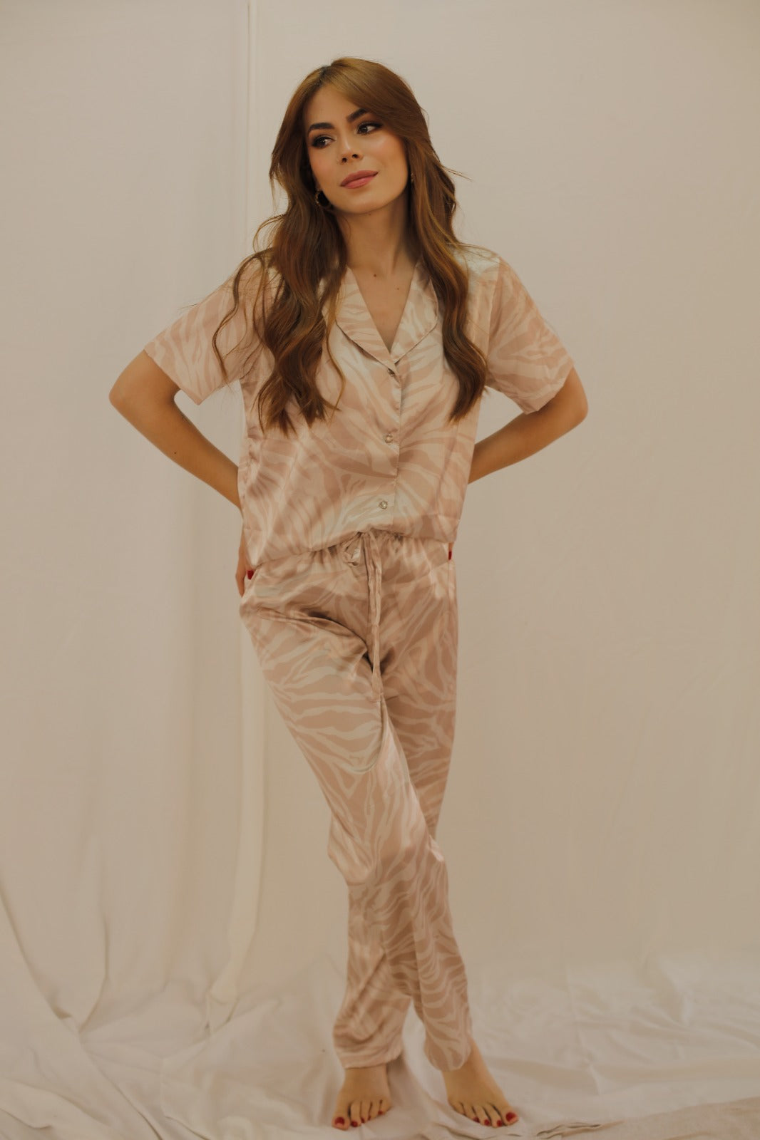 Pijama Animal Print Manga Corta - Beige
